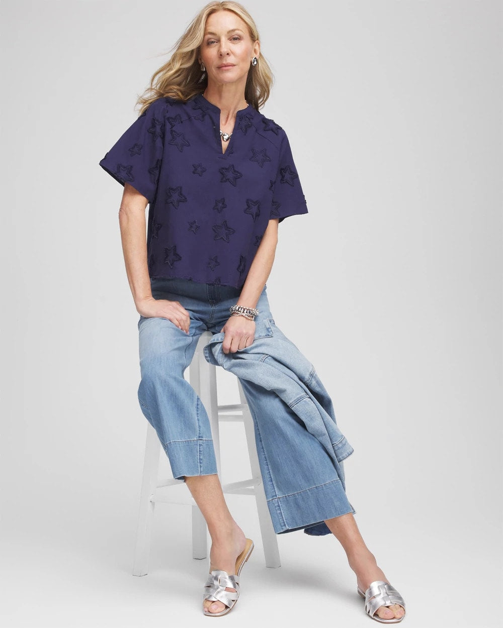 Embroidered Star Split Neck Blouse