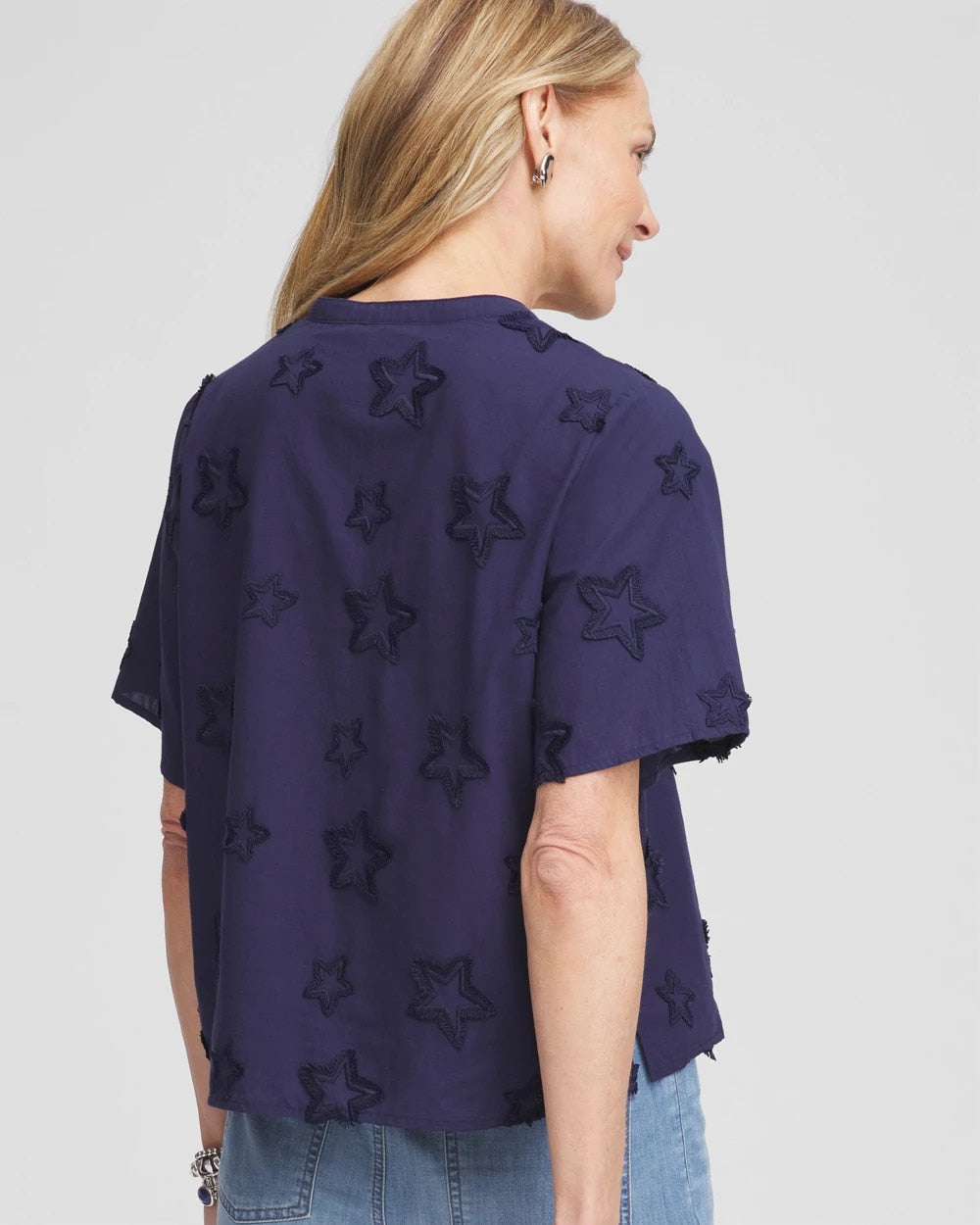 Embroidered Star Split Neck Blouse