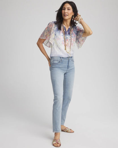Jacquard Flutter-Sleeve Blouse