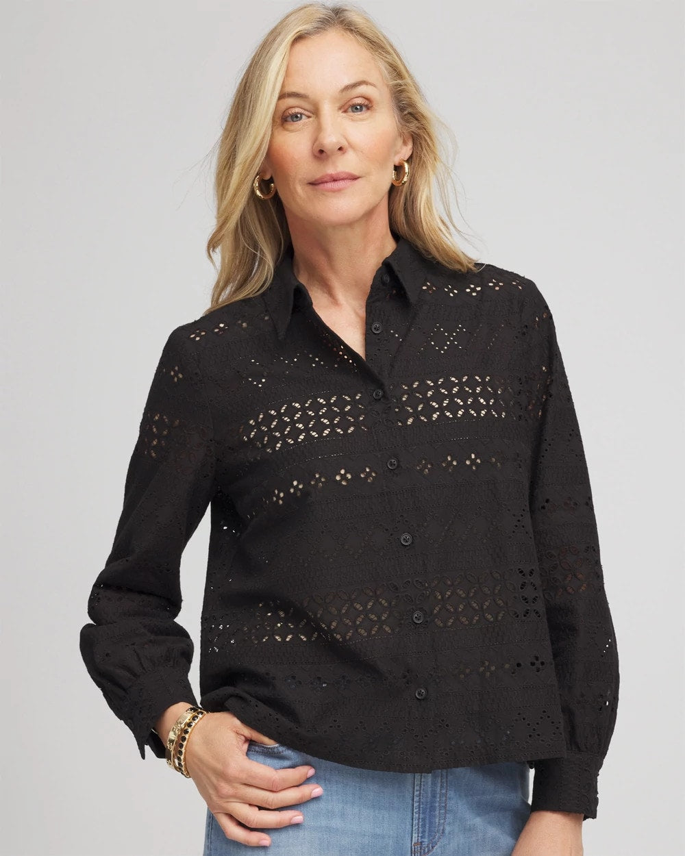 Embroidered Eyelet Collared Shirt
