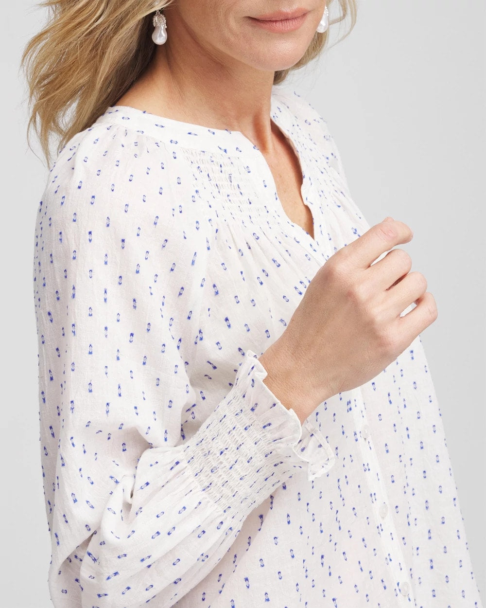 Smocked Split-neck Blouse