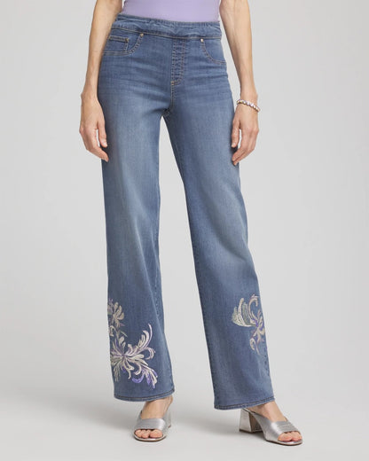 Embroidered Pull-On Wide-Leg Jeans