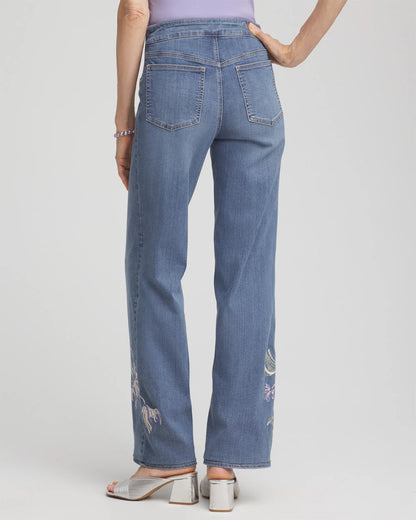 Embroidered Pull-On Wide-Leg Jeans