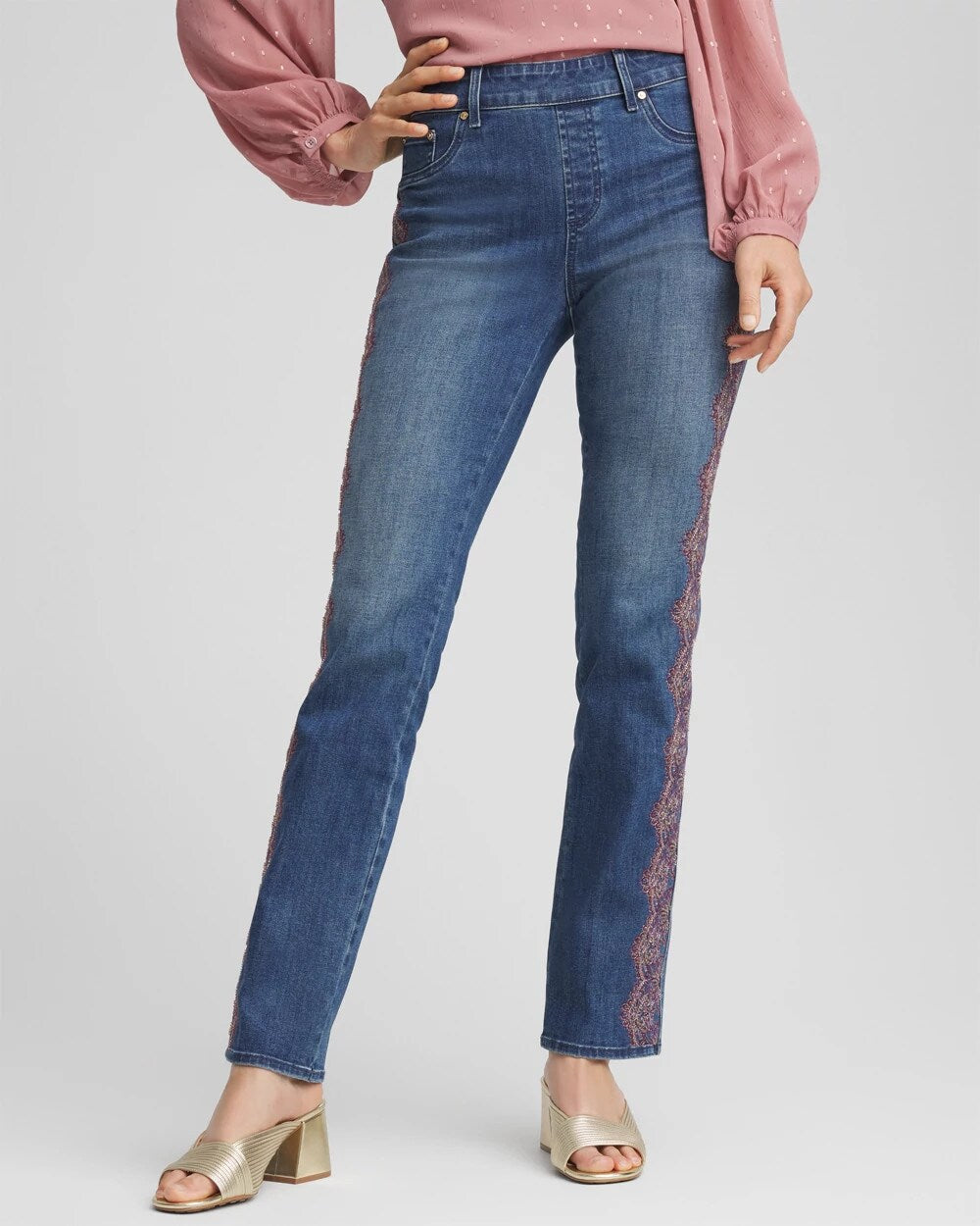 Lace Embroidered Pull-On Straight Jeans