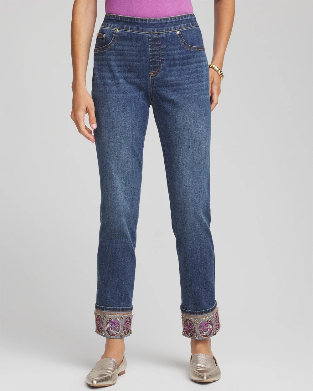Embellished Pull-On Slim Ankle Jeggings