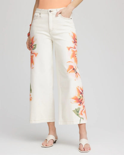 Floral High-Rise Wide-Leg Cropped Jeans
