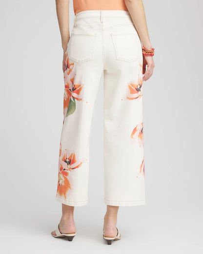 Floral High-Rise Wide-Leg Cropped Jeans