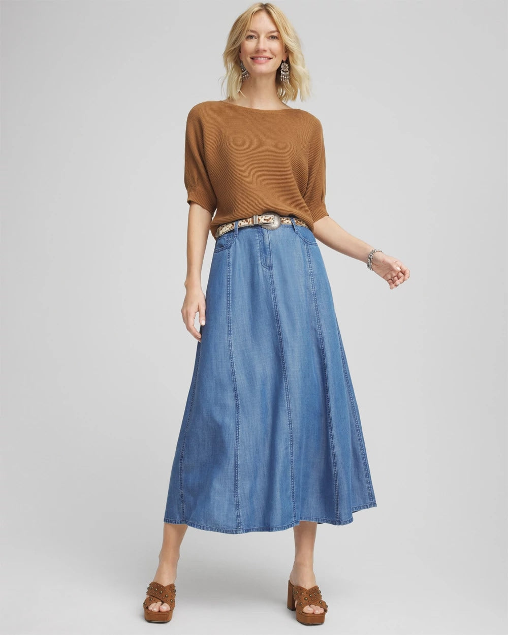 Lightweight Denim Fly Front Midi Skirt