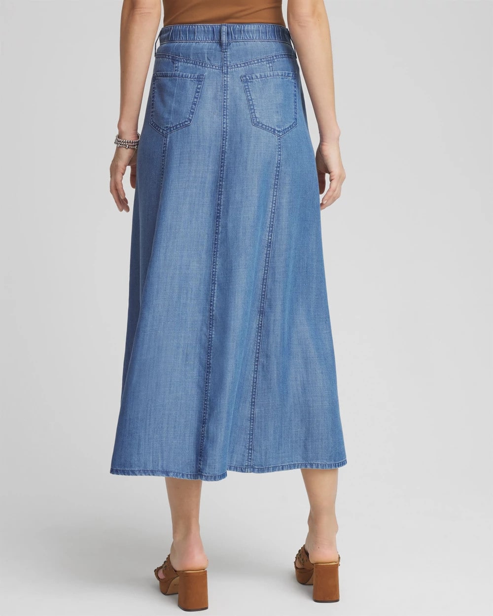 Lightweight Denim Fly Front Midi Skirt