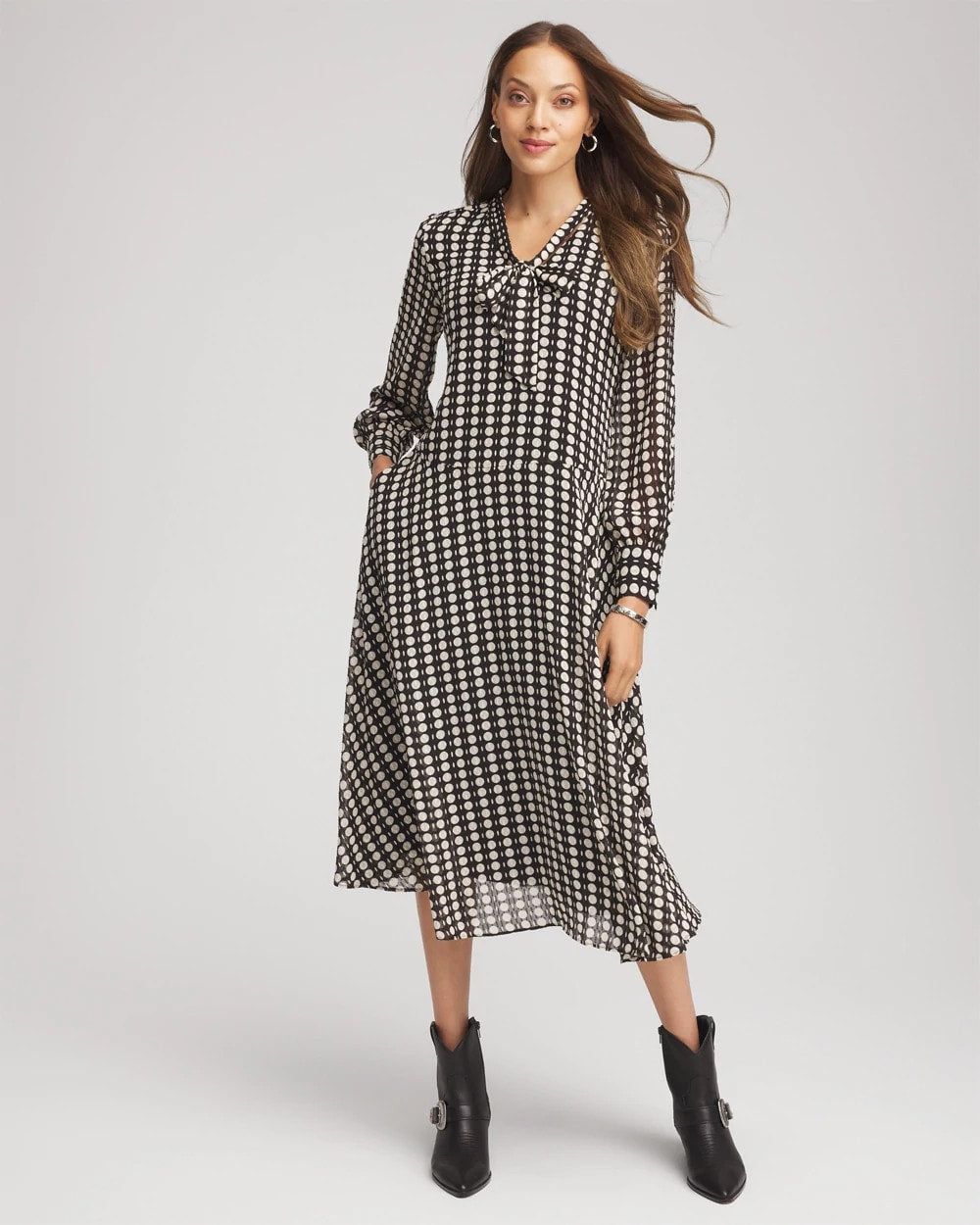 Chiffon Clip-Dot Tie-Neck Dress