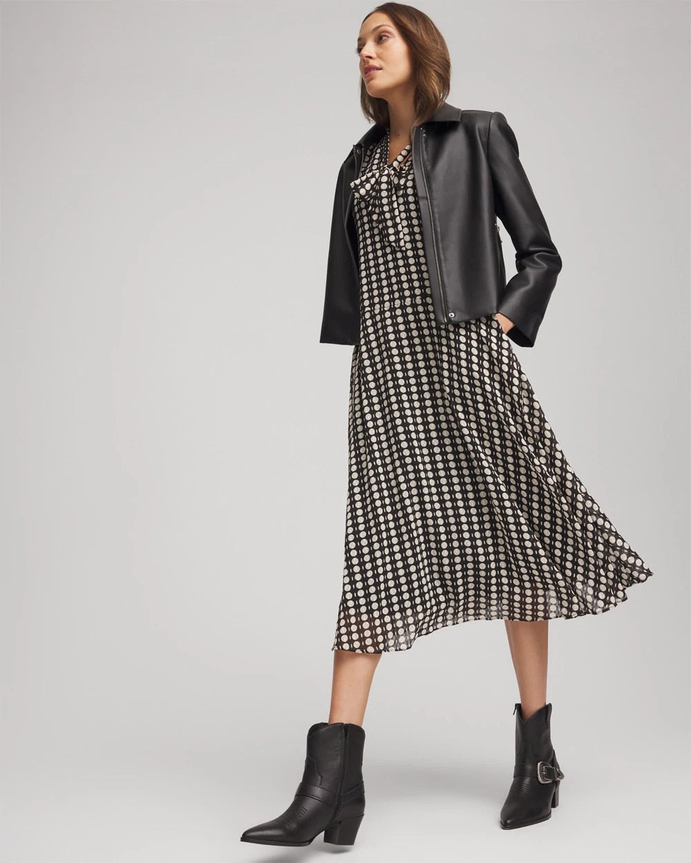 Chiffon Clip-Dot Tie-Neck Dress
