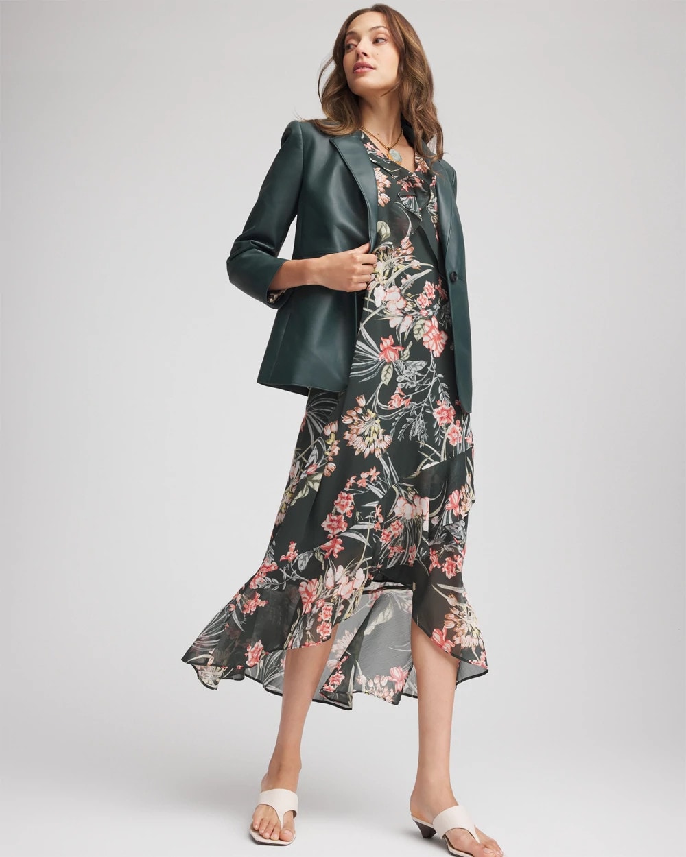Floral Ruffle-Trim Chiffon Dress