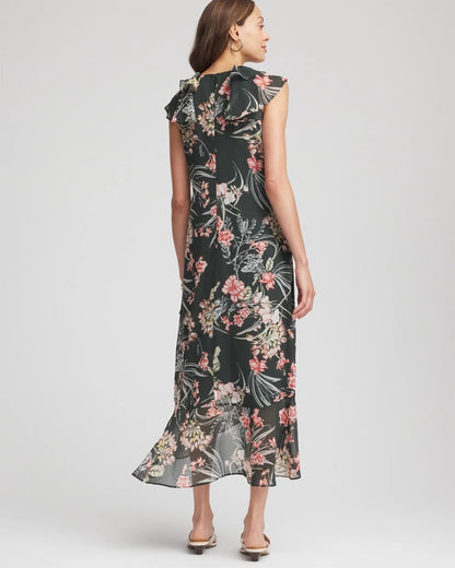 Floral Ruffle-Trim Chiffon Dress