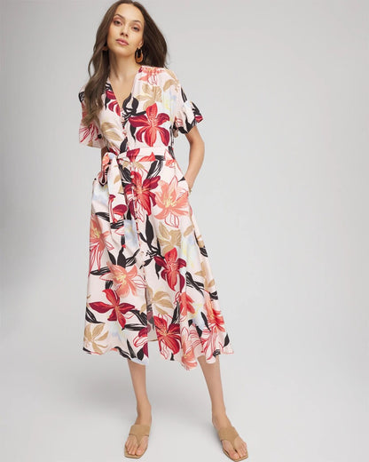 Tonal Floral Ruffle-Sleeved Midi Dress