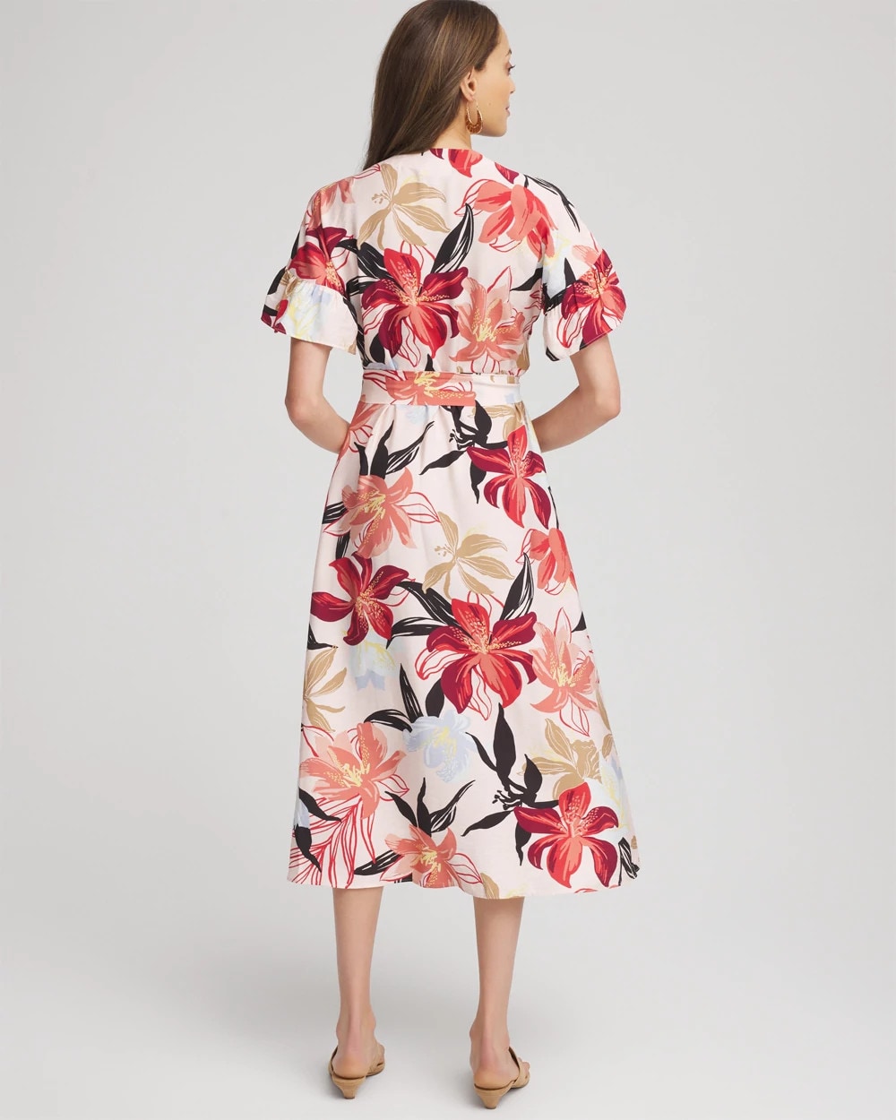 Tonal Floral Ruffle-Sleeved Midi Dress
