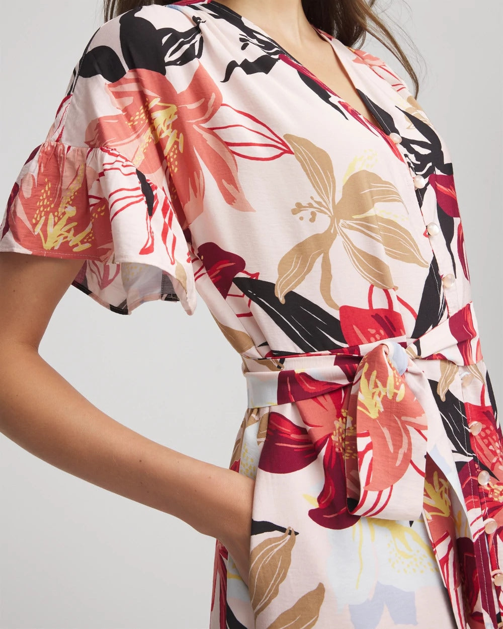 Tonal Floral Ruffle-Sleeved Midi Dress