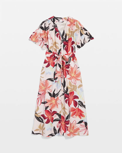 Tonal Floral Ruffle-Sleeved Midi Dress