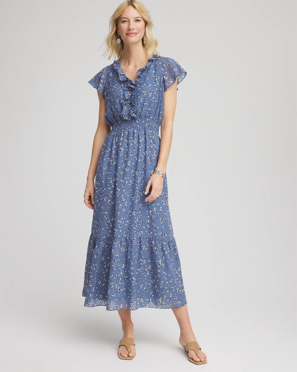 Textured Ruffled-Placket Maxi Dress