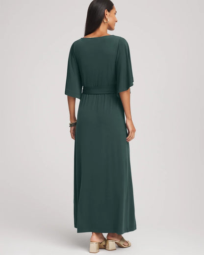Belted Flutter-Sleeve Maxi Dress