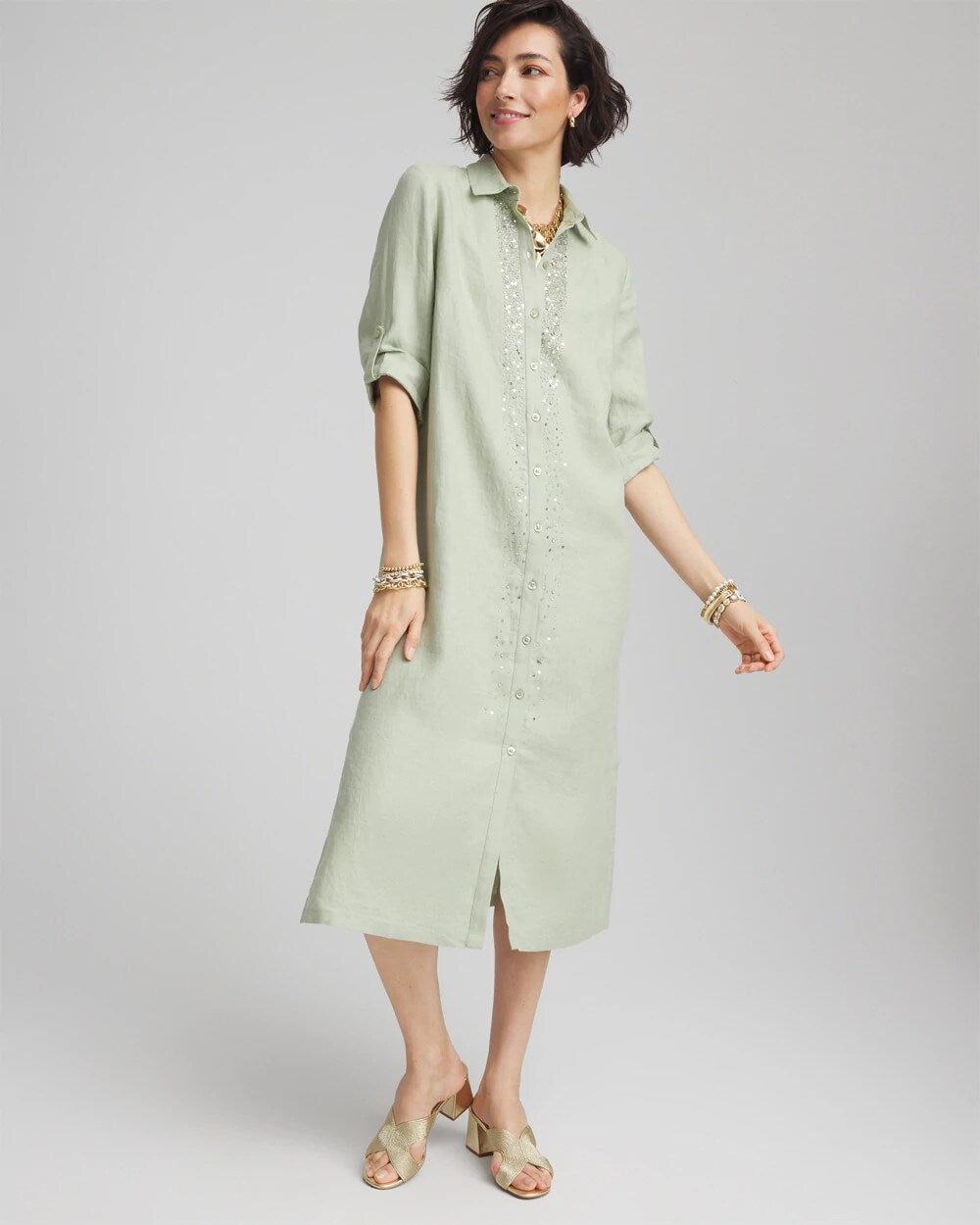 Linen Embellished Midi Shirt Dress
