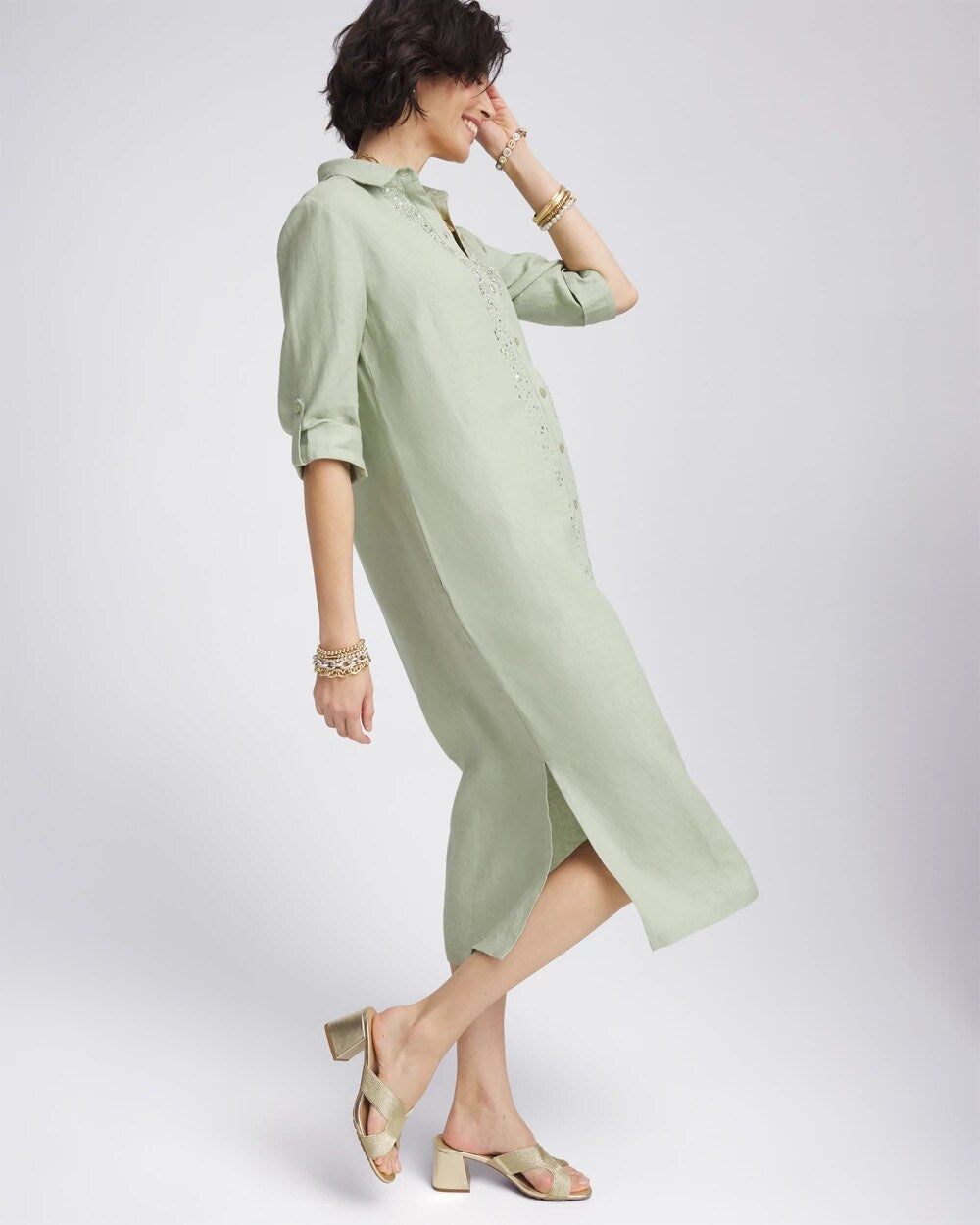 Linen Embellished Midi Shirt Dress