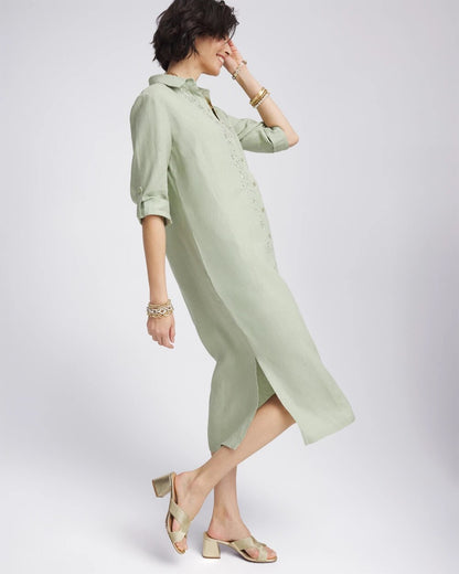 Linen Embellished Midi Shirt Dress
