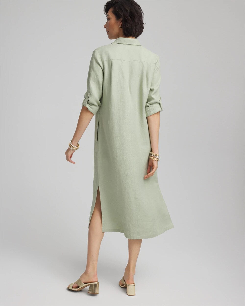 Linen Embellished Midi Shirt Dress