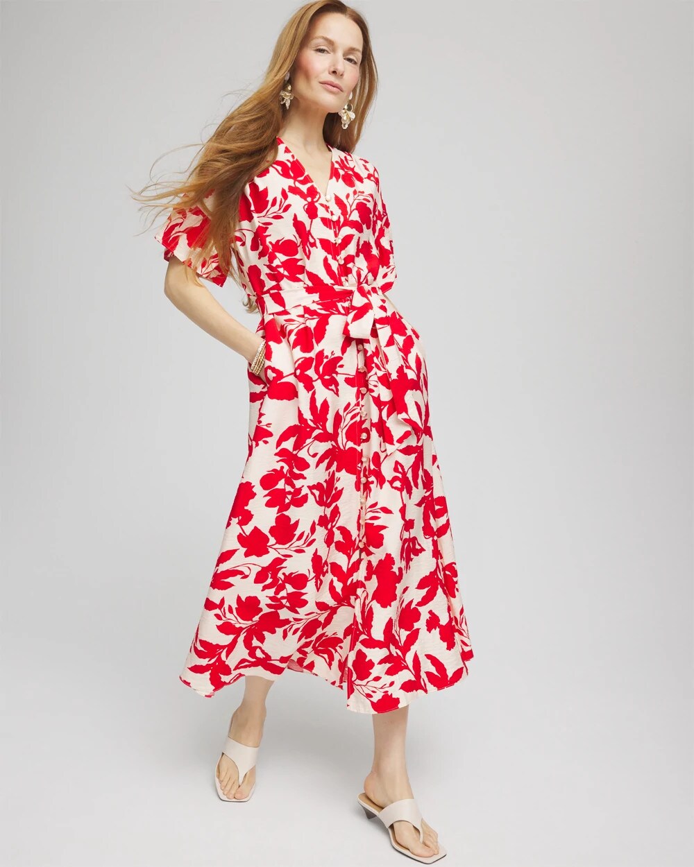 Floral Ruffle-Sleeved Midi Dress