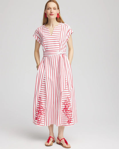 Embroidered Godet Striped Maxi Dress