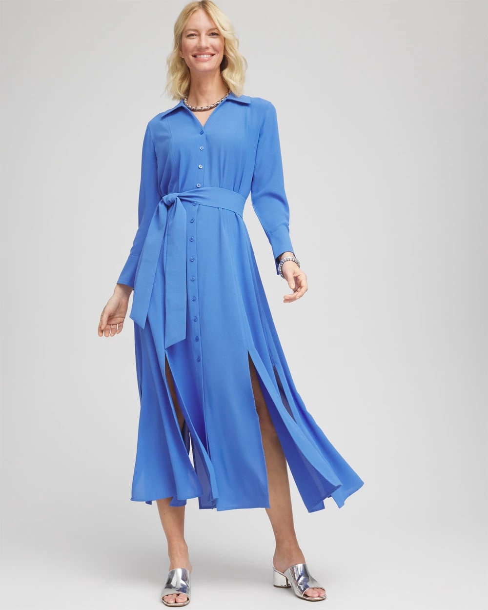 Belted Split Hem Maxi Shirtdress