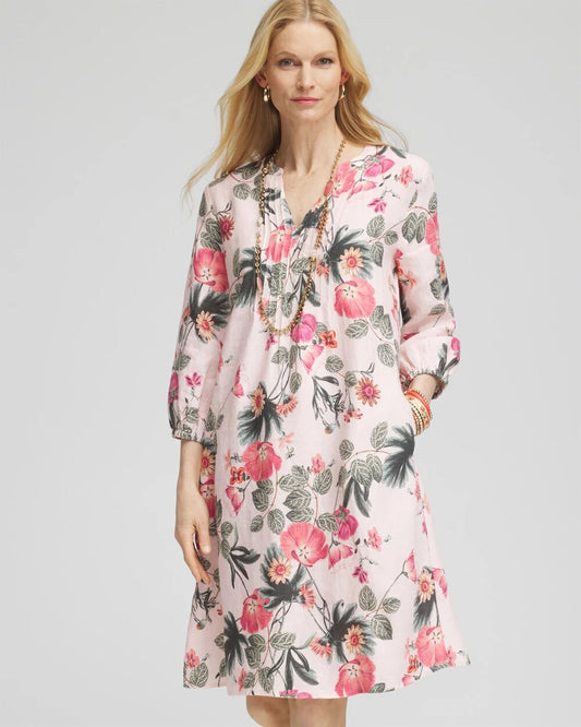 Floral Linen Pintuck 3/4 Sleeved Dress