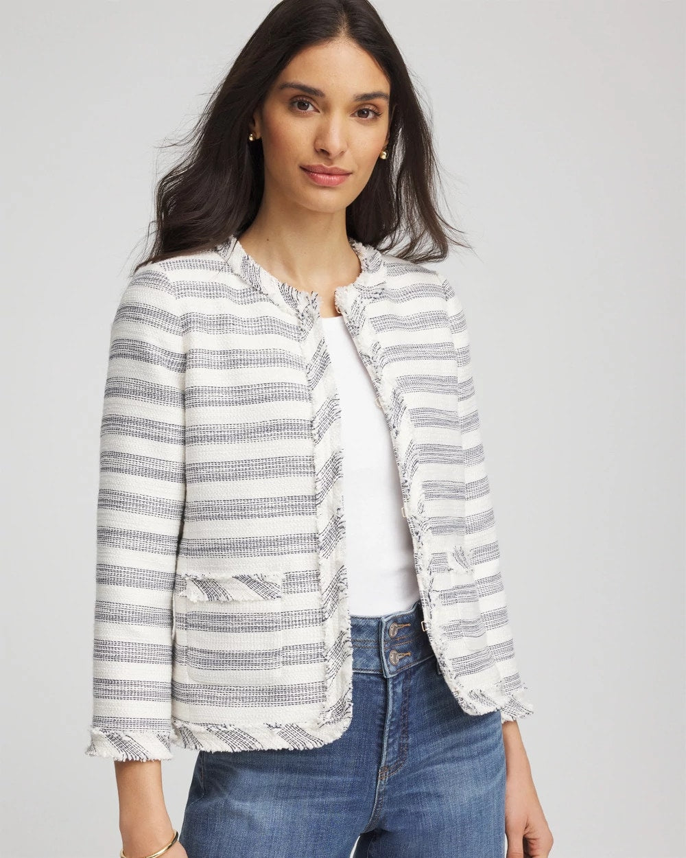 Striped Tweed Collarless Box Jacket