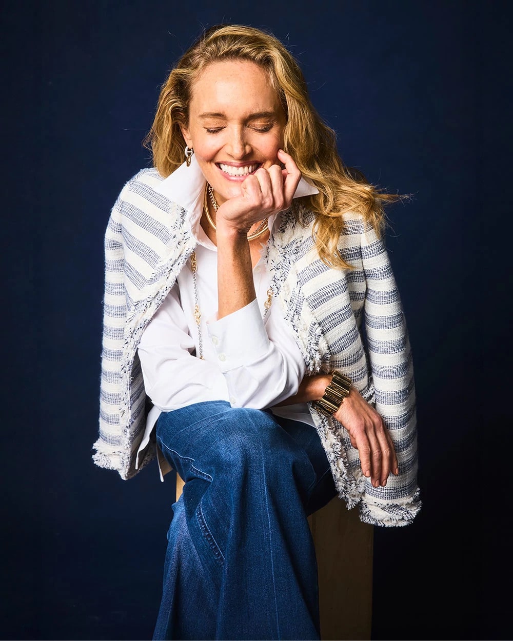 Striped Tweed Collarless Box Jacket