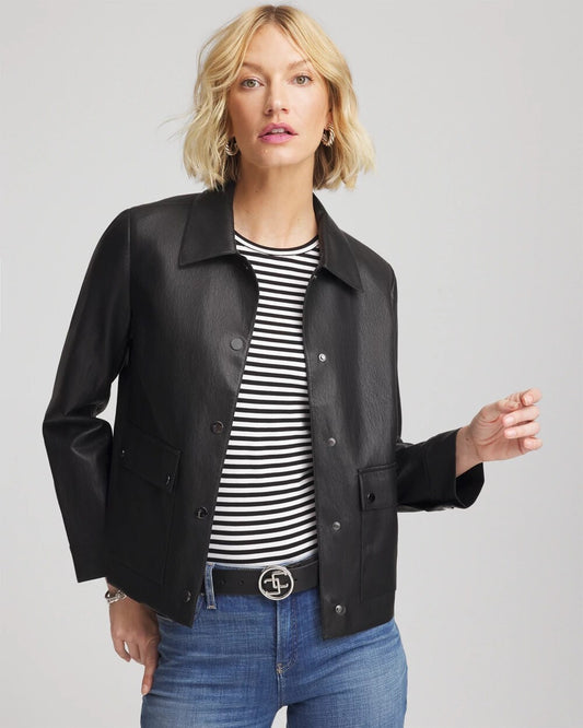 Snap Front Faux Leather Jacket