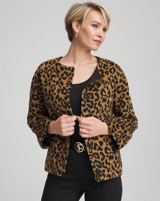 Fuzzy Collarless Animal Print Jacket