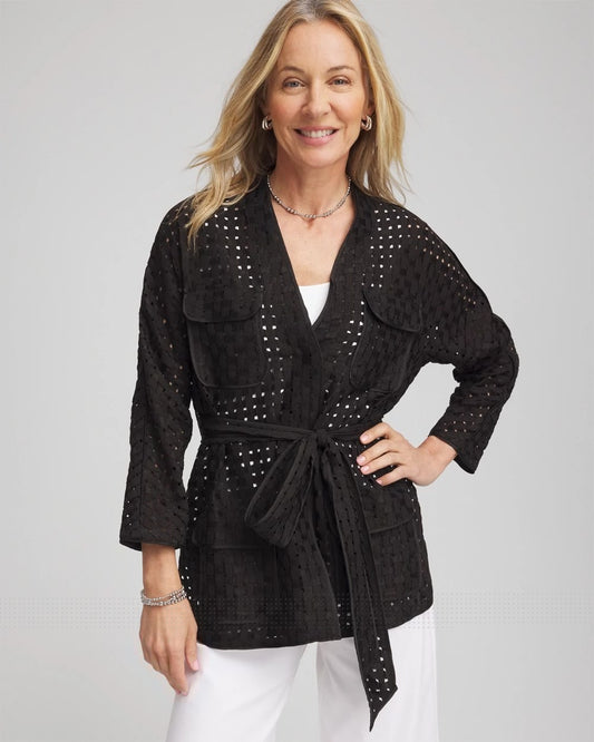 Open-Stitch Tie-Front Kimono Jacket