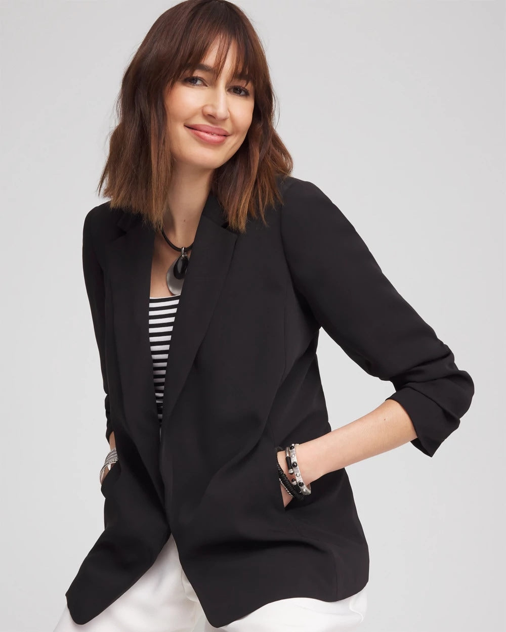 Notched-Lapel Ruched Sleeve Blazer
