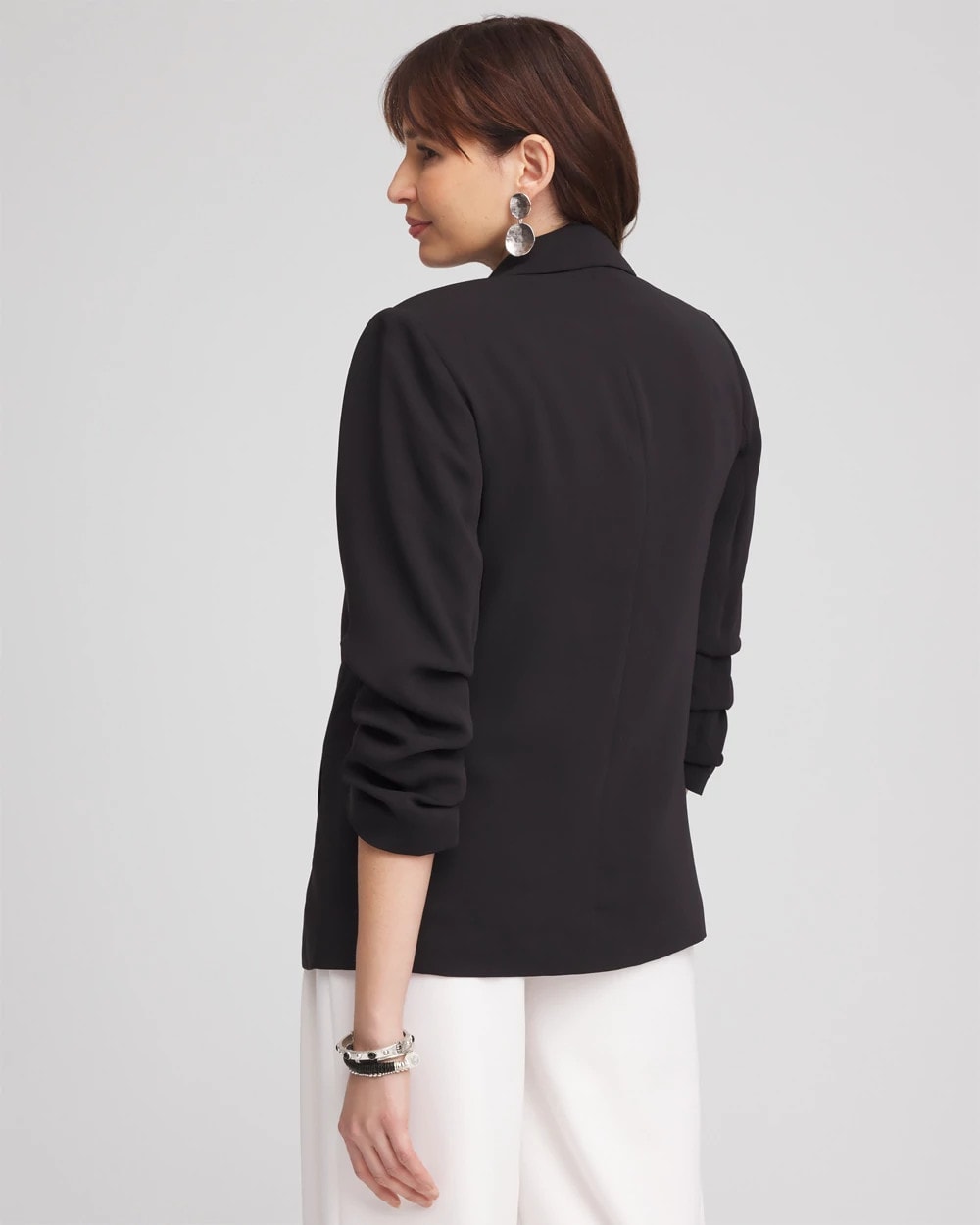 Notched-Lapel Ruched Sleeve Blazer
