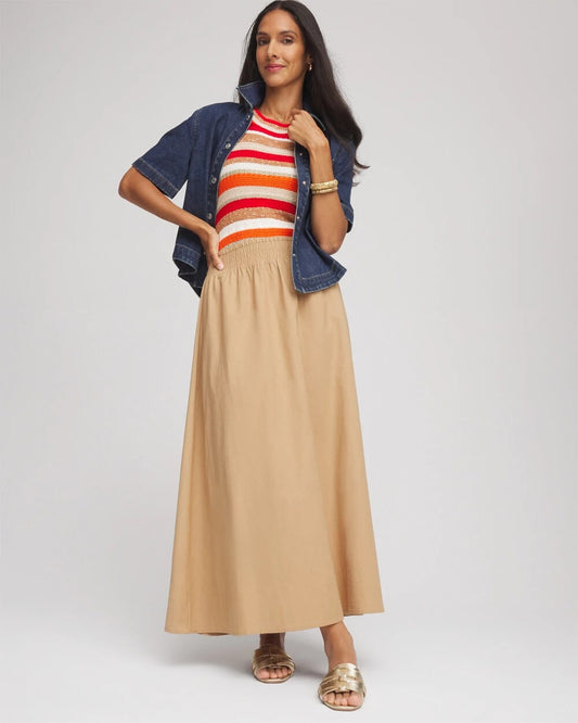 Smocked Pull-On Midi Skirt