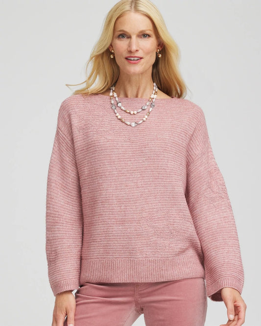 Tonal Embroidered Boatneck Pullover Sweater