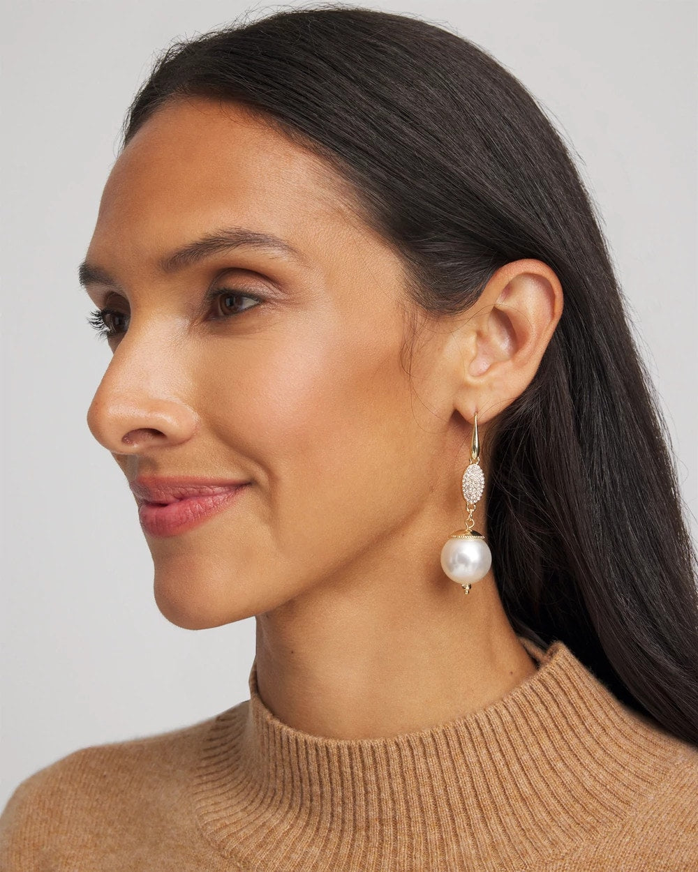 Faux Pearl and Pave Drop Earrings