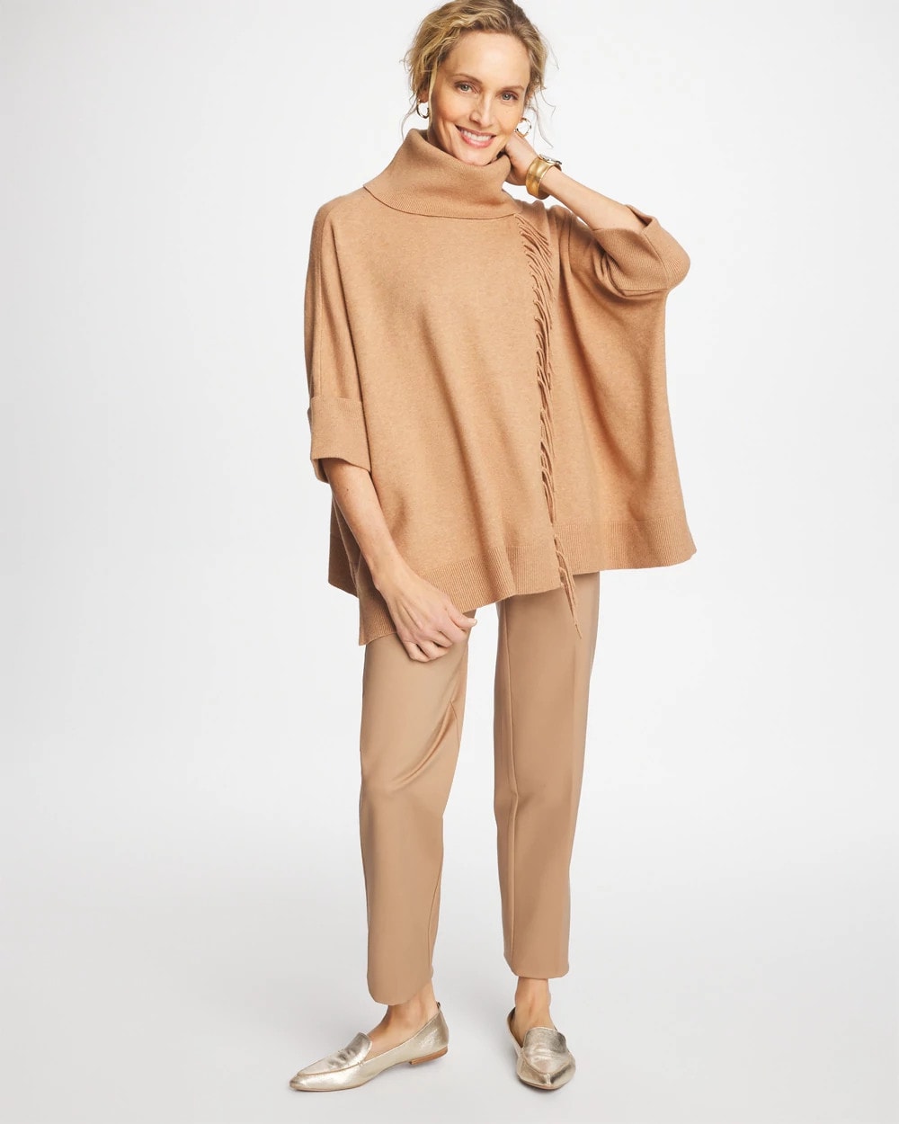 Cowlneck Knit Fringe Poncho