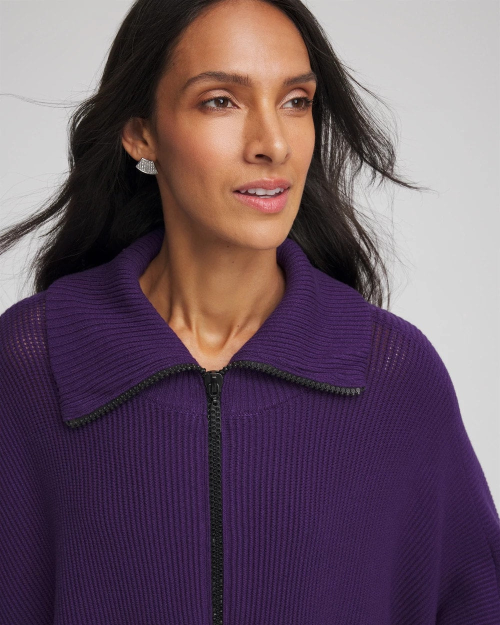 Rhinestone Zip-Collar Sweater Poncho