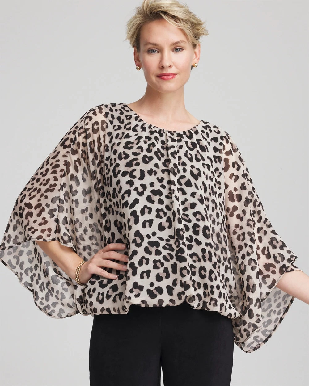 Travelers™ Animal-Print Bubble-Hem Chiffon Blouse