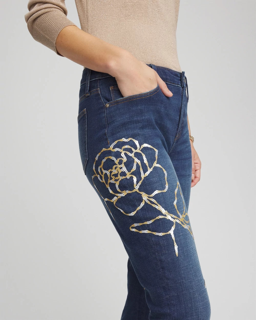 Sequins Rose Girlfriend Slim-Leg Jeans