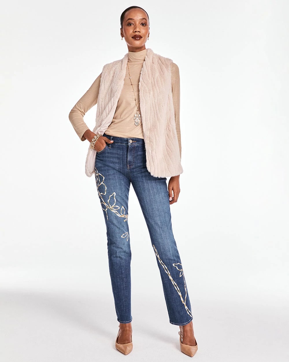 Sequins Rose Girlfriend Slim-Leg Jeans